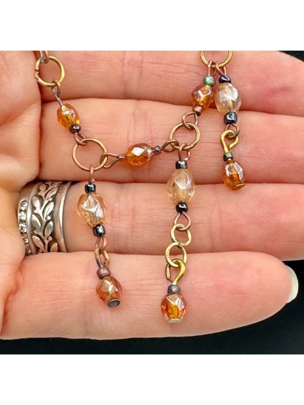 Vintage Choker Necklace Glass Beads Copper Chain Drop Elegant Bohemian Coquette - Picture 6 of 10
